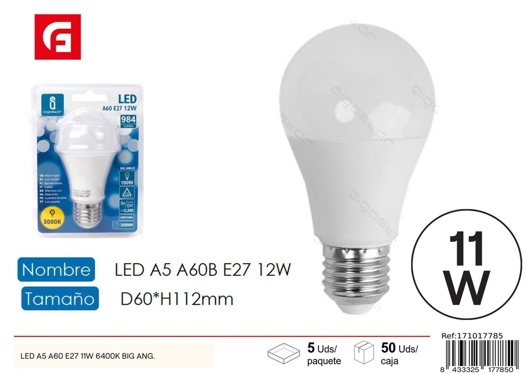 Bombilla LED A60 E27 12W 3000K