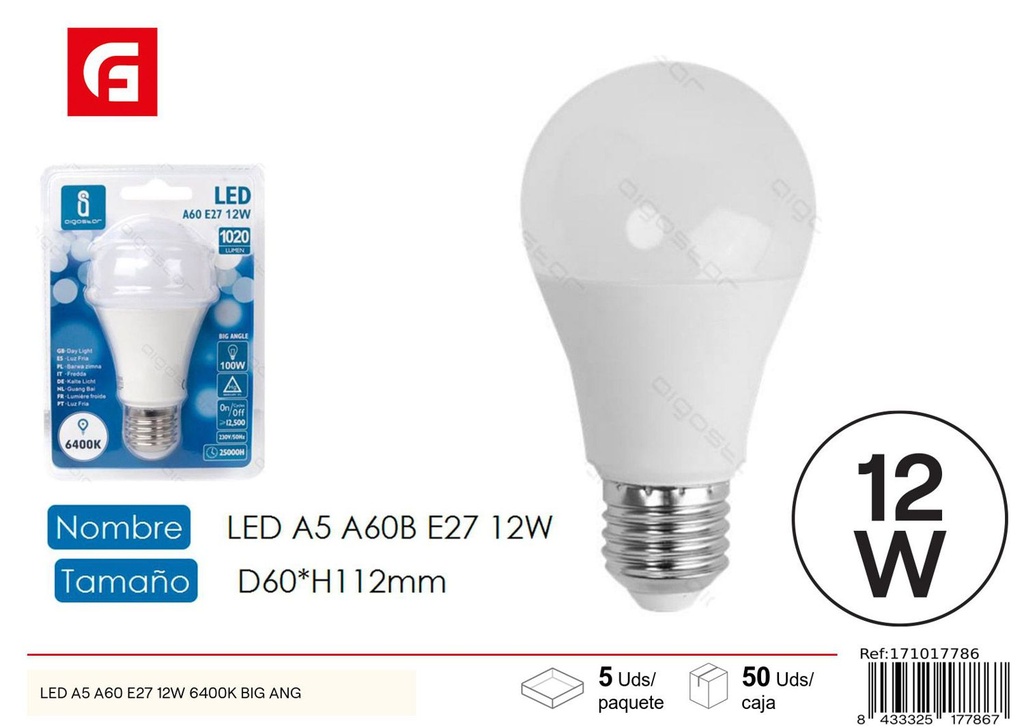 Bombilla LED A60 E27 12W 6500K para iluminación