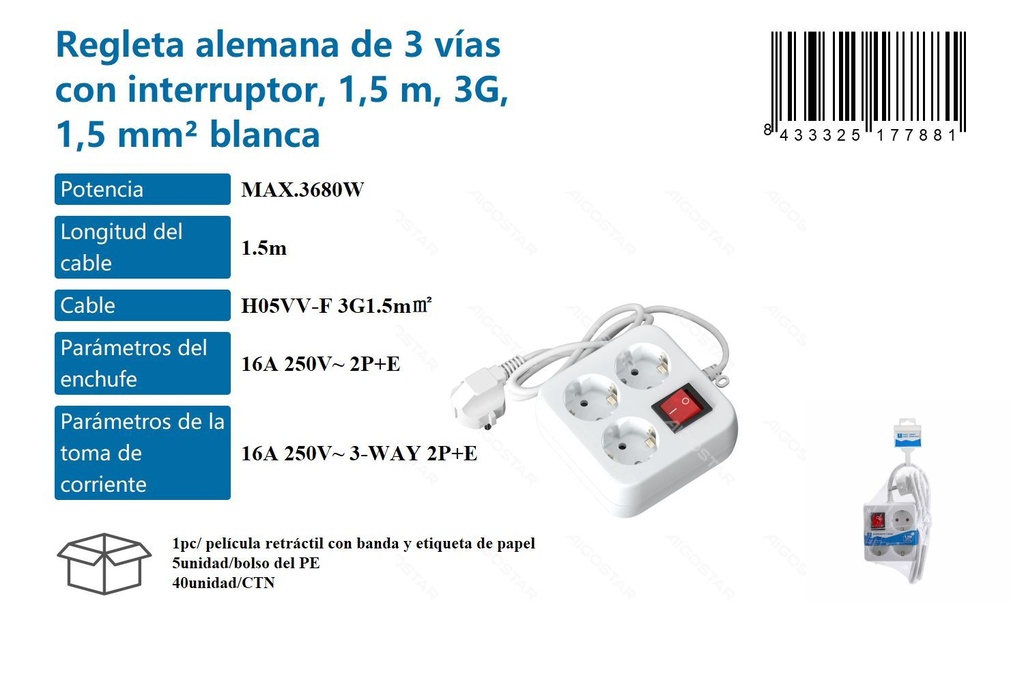 Enchufe de 3 vías socket 3G 1.5mm 1.5m para electricidad