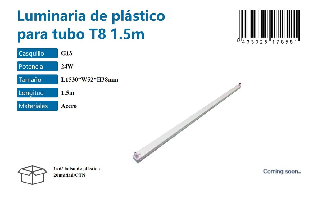 Luminaria de plástico tubo T8 1.5m 24W G13