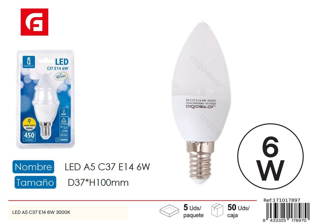 Bombilla LED C37 E14 6W 3000K para iluminación