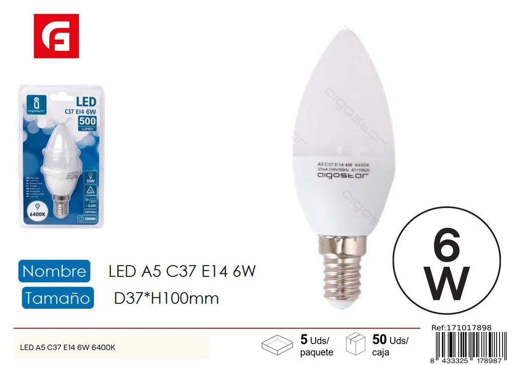 Bombilla LED C37 E14 6W 6500K para iluminación