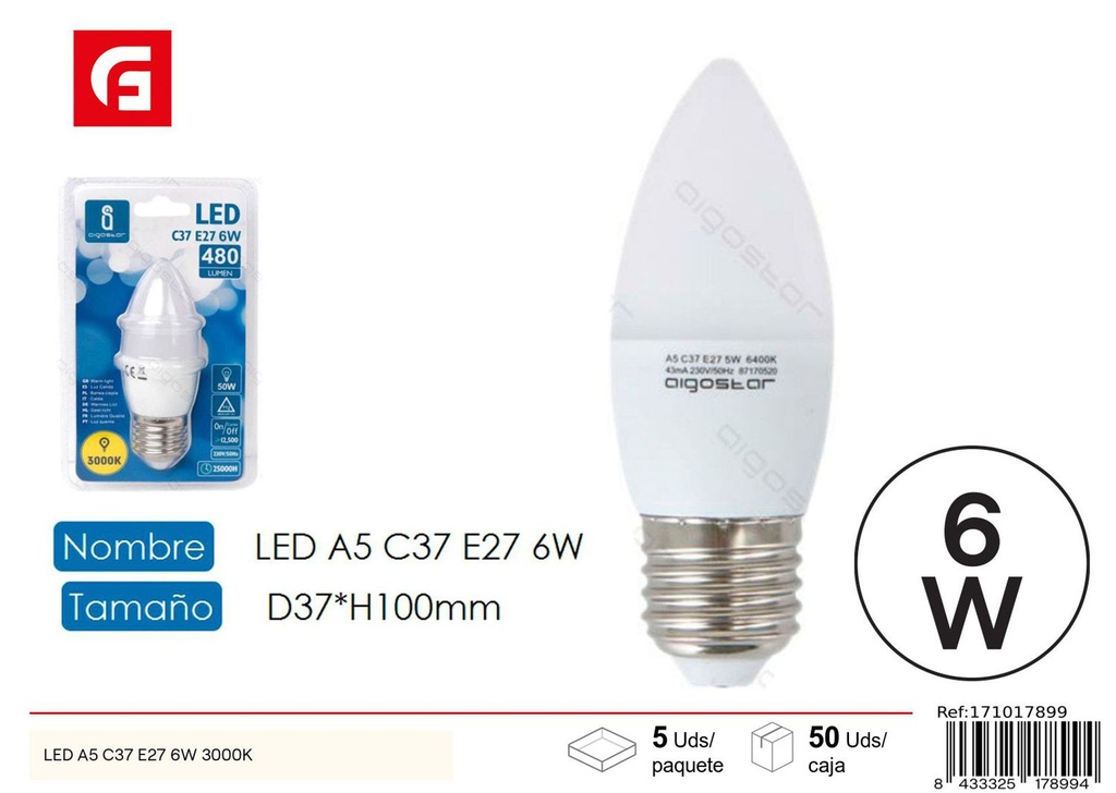 Bombilla LED C37 E27 6W 3000K para iluminación