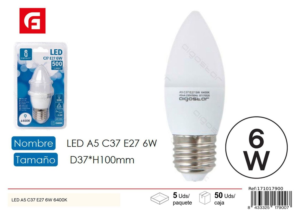 Bombilla LED C37 E27 6W 6500K