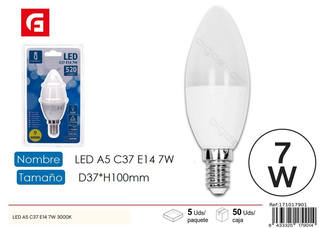 Bombilla LED C37 E14 7W 3000K