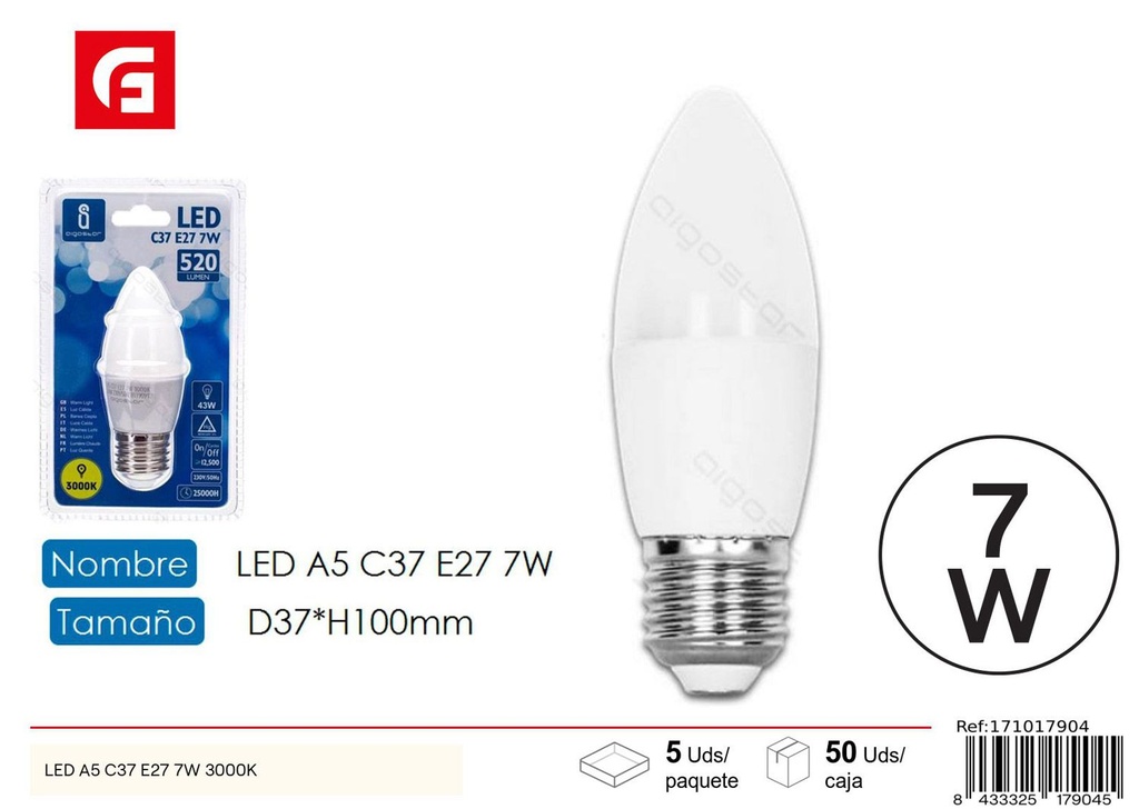 Bombilla LED C37 E27 7W 3000K