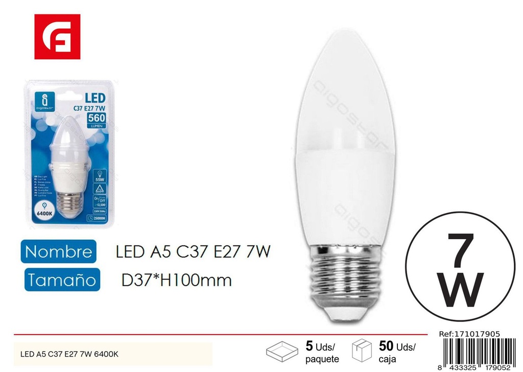 Bombilla LED C37 E27 7W 6500K para iluminación