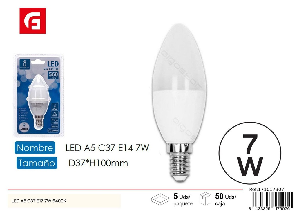 Bombilla LED C37 E14 7W 6500K para iluminación