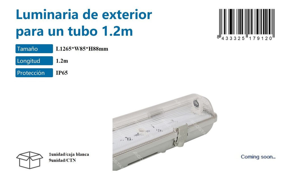 Luminaria de exterior para un tubo 1.2m IP65 resistente al agua