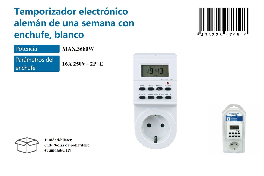 Temporizador electrónico semanal con enchufe, blanco