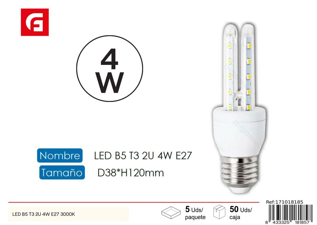 Bombilla LED en forma de U 2U E27 4W 3000K