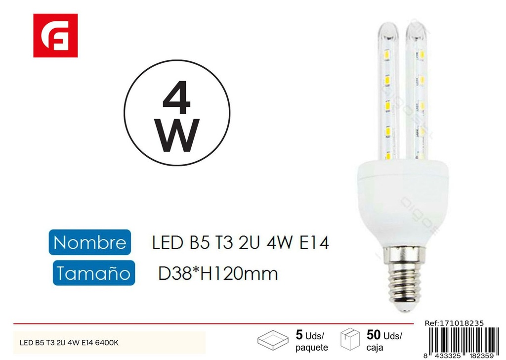 Bombilla LED en forma de U 2U E14 4W 6500K para iluminación