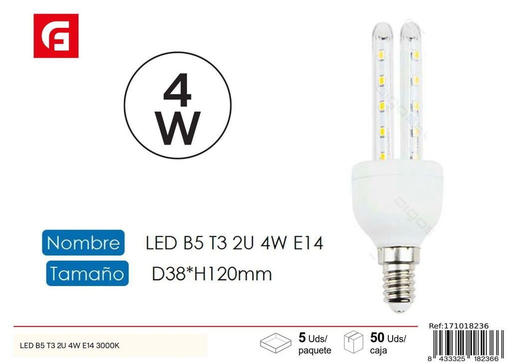 Bombilla LED en forma de U 2U E14 4W 3000K