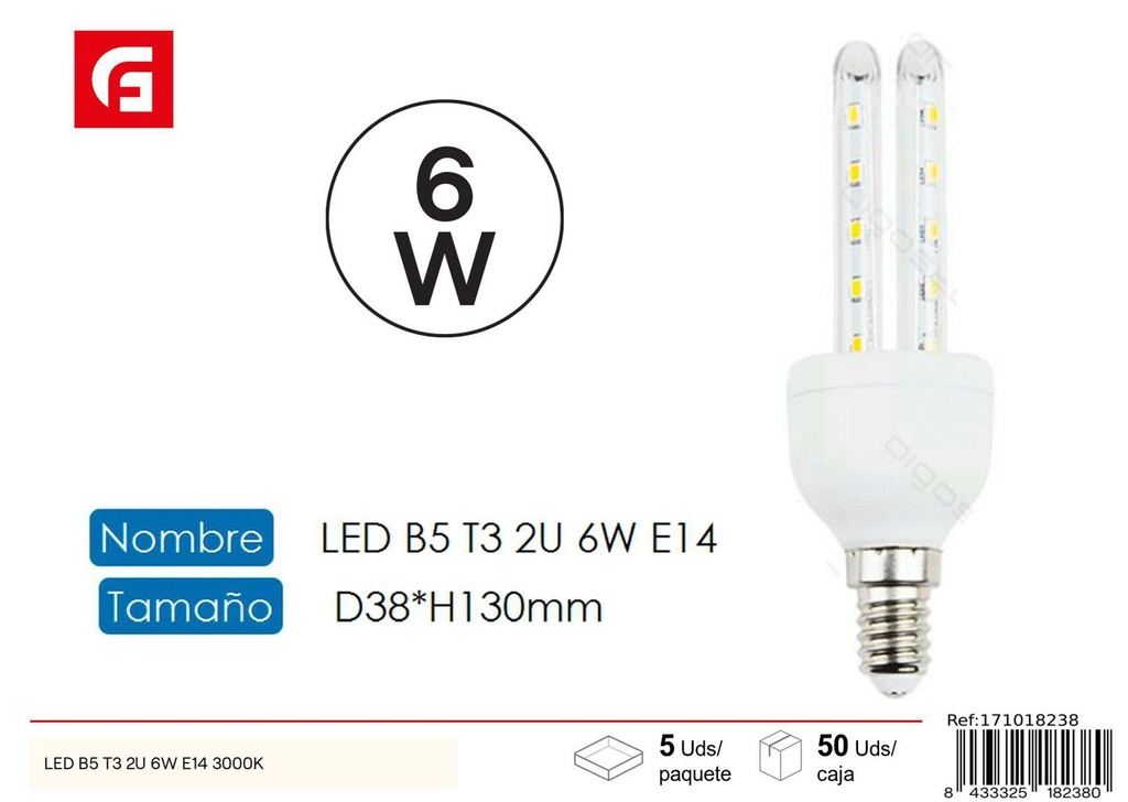 Bombilla LED en forma de U 2U E14 6W 3000K para iluminación