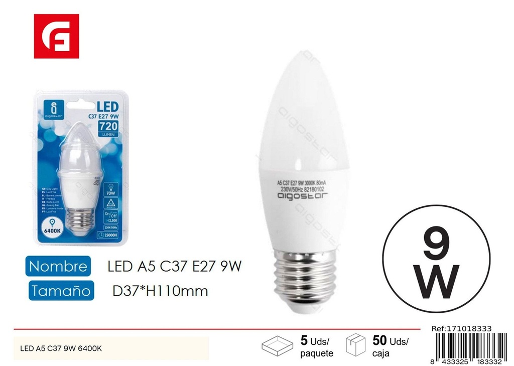 Bombilla LED C37 E27 9W 6500K - Iluminación LED eficiente