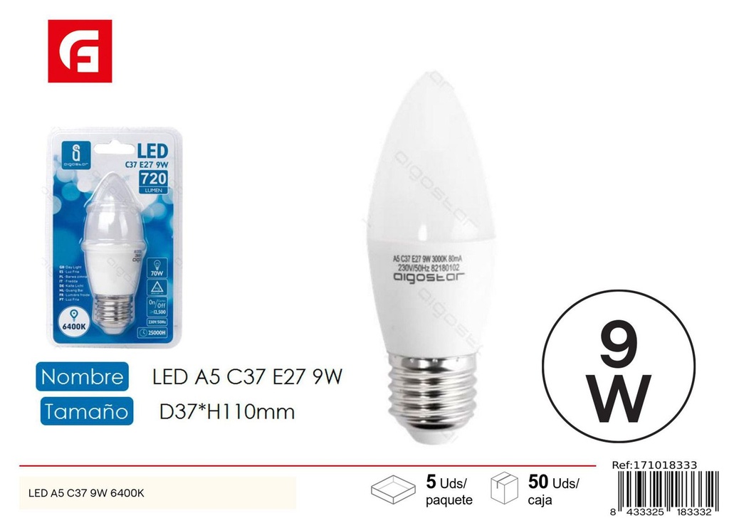 Bombilla LED C37 E27 9W 6500K para iluminación