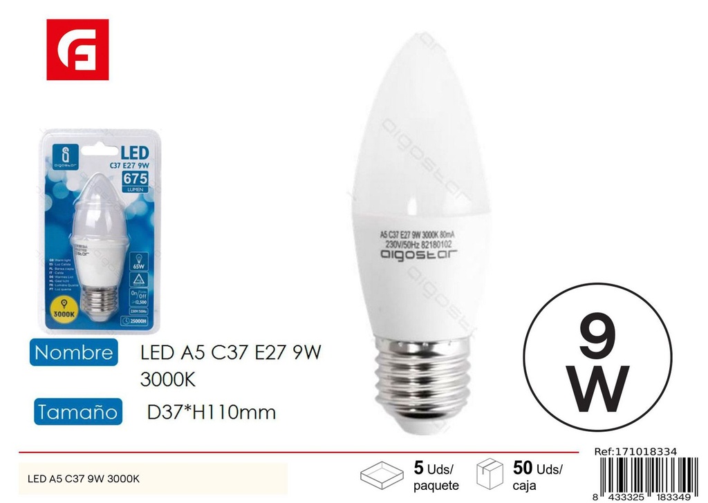 Bombilla LED C37 E27 9W 3000K para iluminación