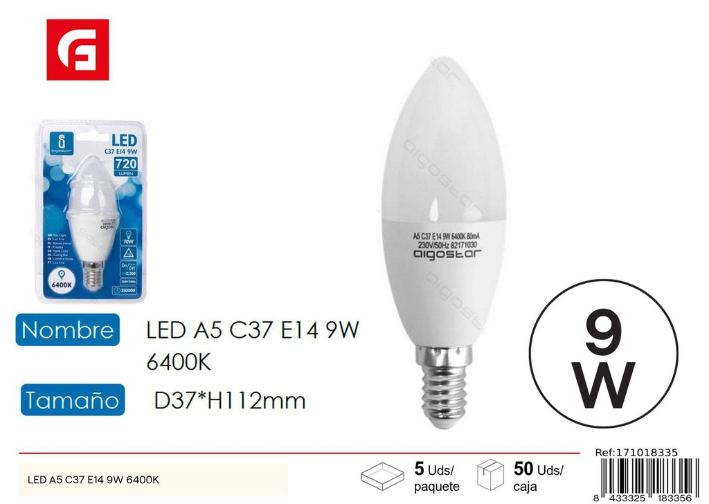 Bombilla LED C37 E14 9W 6500K - Iluminación LED eficiente