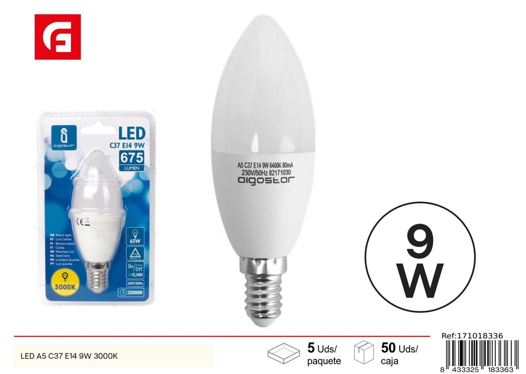 Bombilla LED C37 E14 9W 3000K