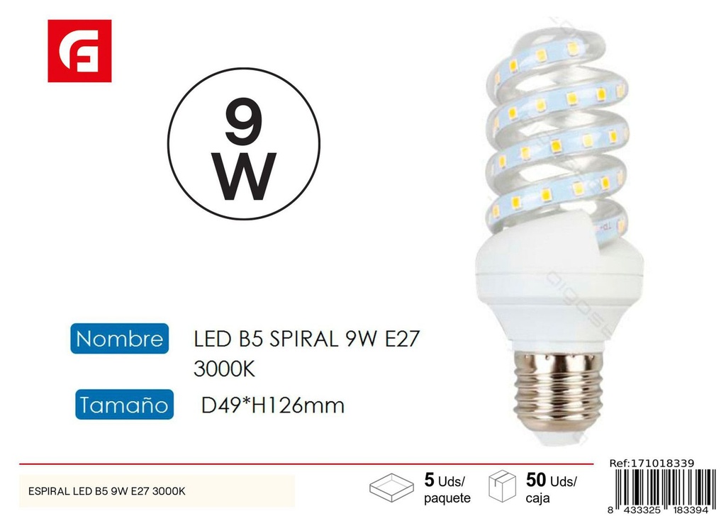 Bombilla LED espiral E27 9W 3000K para iluminación