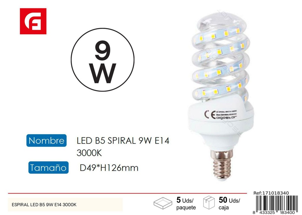 Bombilla LED espiral E14 9W 3000K para iluminación