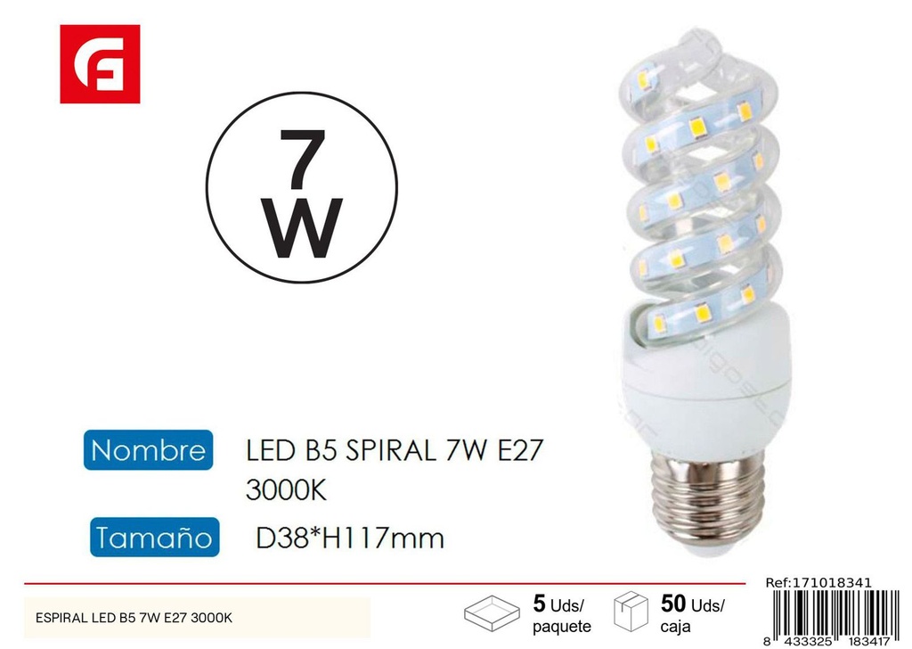 Bombilla LED espiral E27 7W 3000K para iluminación