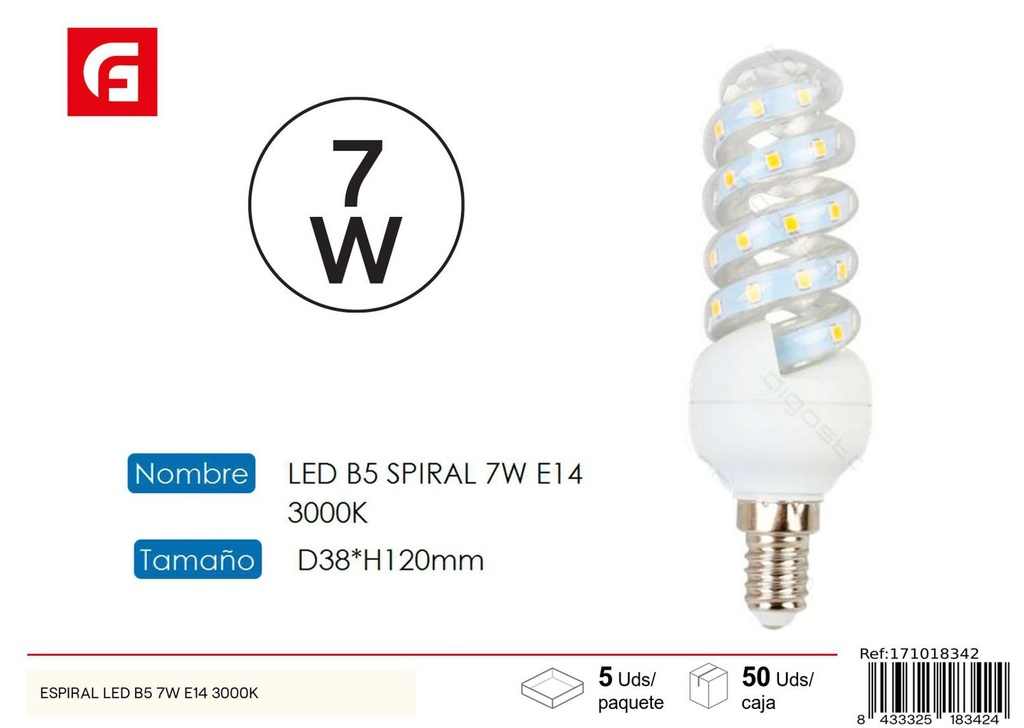 Bombilla LED espiral E14 7W 3000K