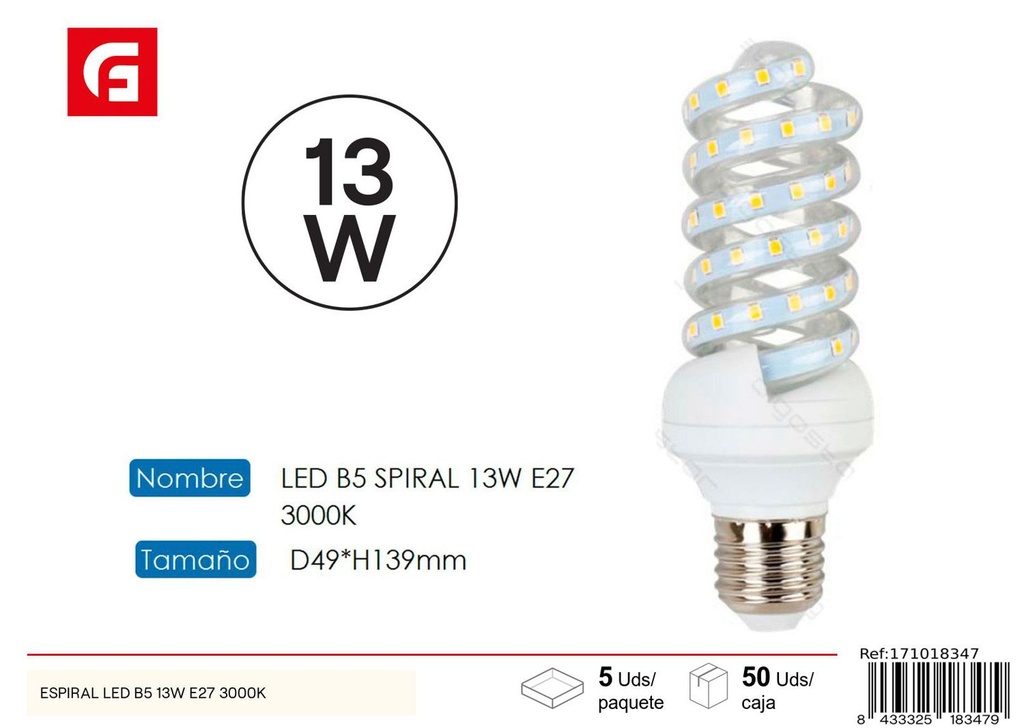 Bombilla LED espiral E27 13W 3000K