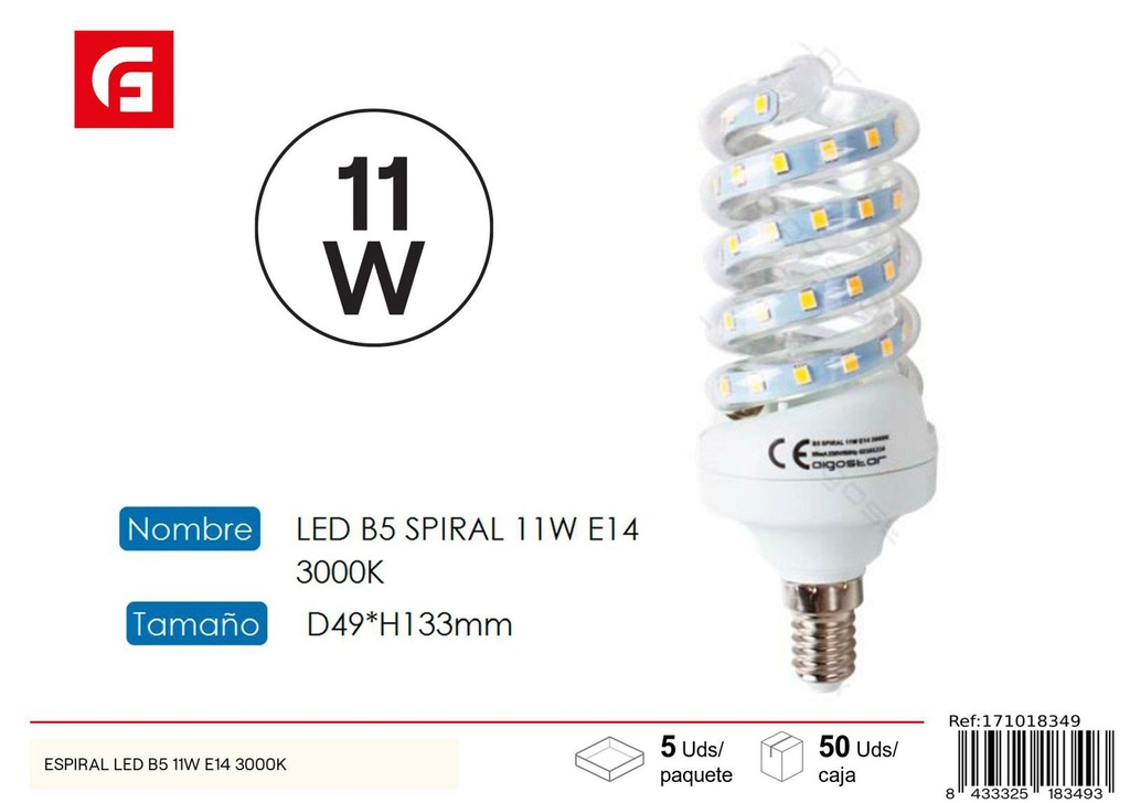 Bombilla LED espiral E14 11W 3000K para iluminación