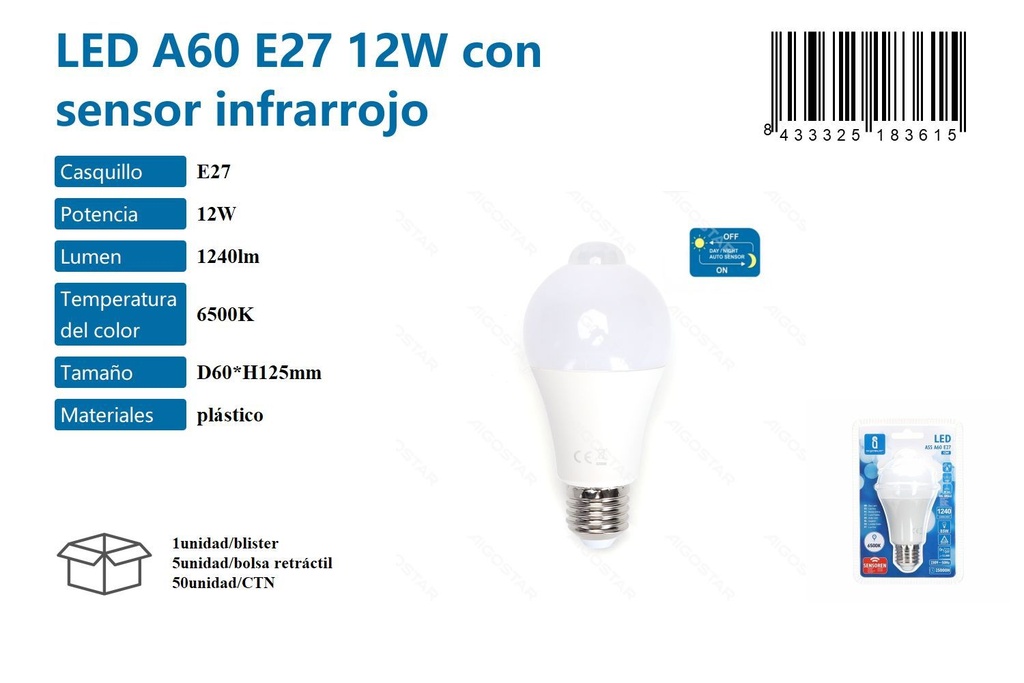 Bombilla LED A60 E27 12W con sensor infrarrojo 6500K