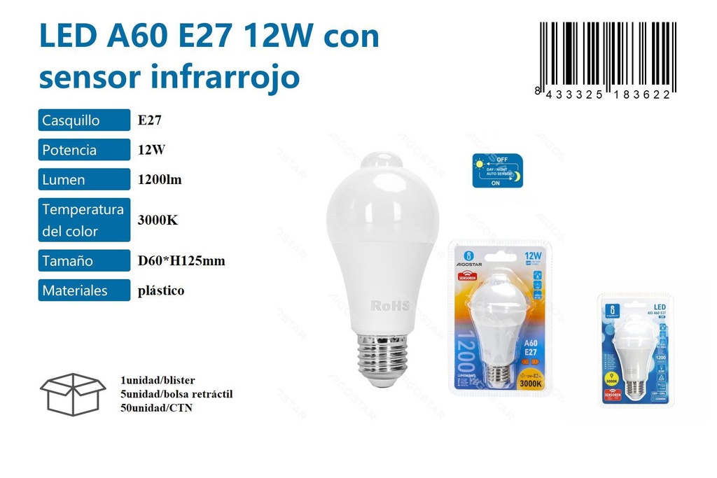 Bombilla LED A60 E27 12W con sensor infrarrojo 3000k