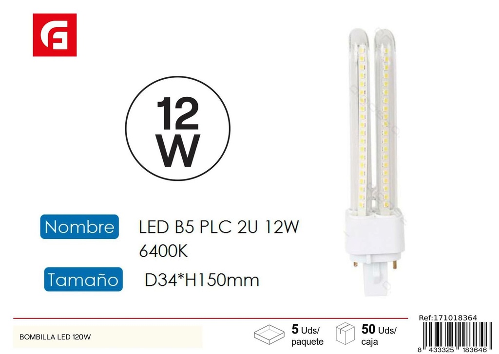 Tubo LED PLC 2U 12W G24D 3 6500K para iluminación