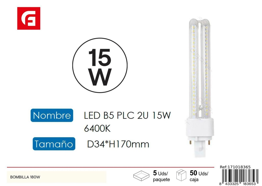 Tubo LED PLC 2U 15W G24D 3,6500K para iluminación