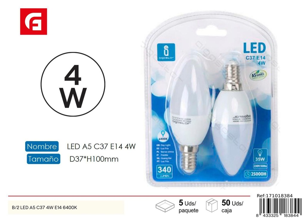 Bombilla LED C37 E14 4W 2 piezas 6500K