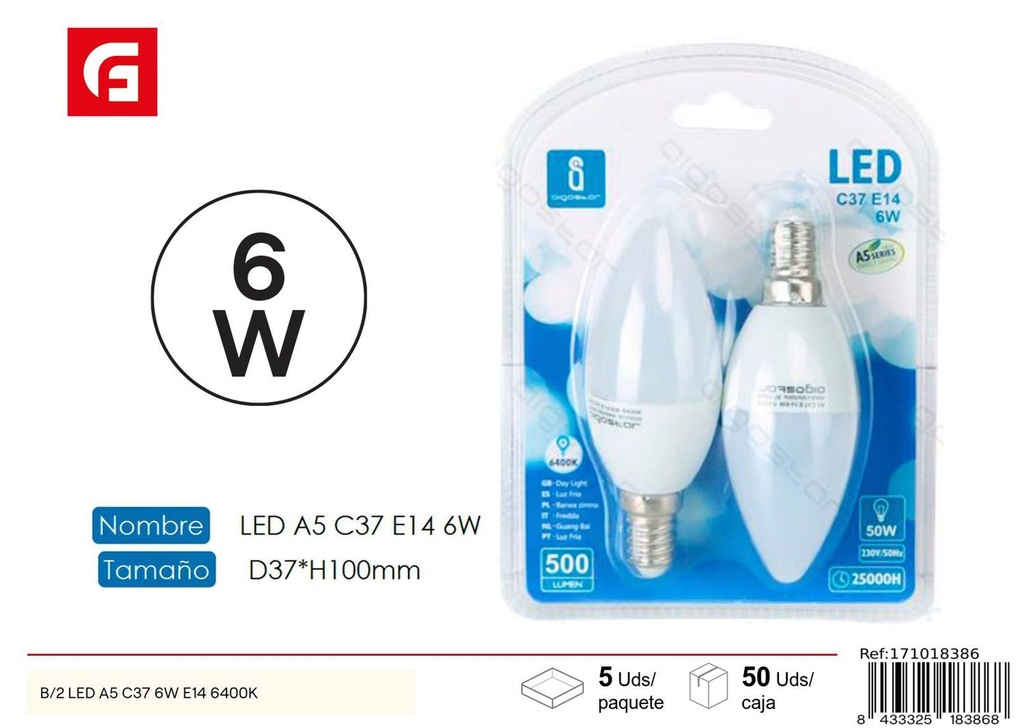 Bombilla LED C37 E14 6W 2 piezas 6500K - Iluminación eficiente