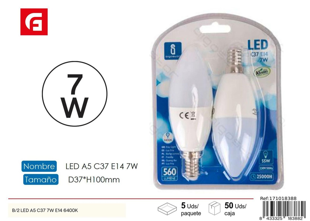 Bombilla LED C37 E14 7W 2 piezas 6500K para iluminación