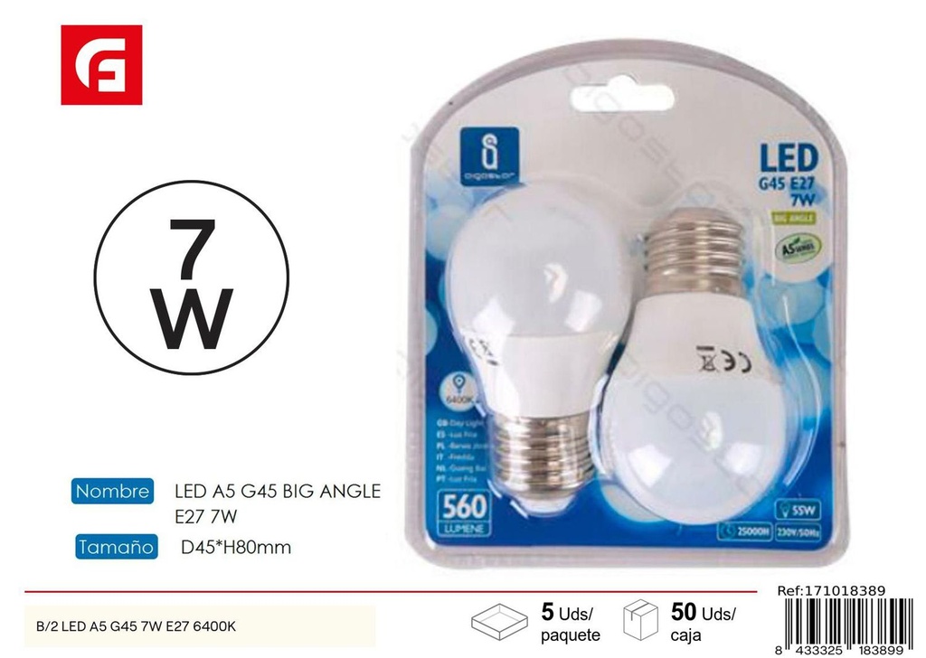 Bombilla LED G45 E27 7W 2 piezas 6500K - Iluminación