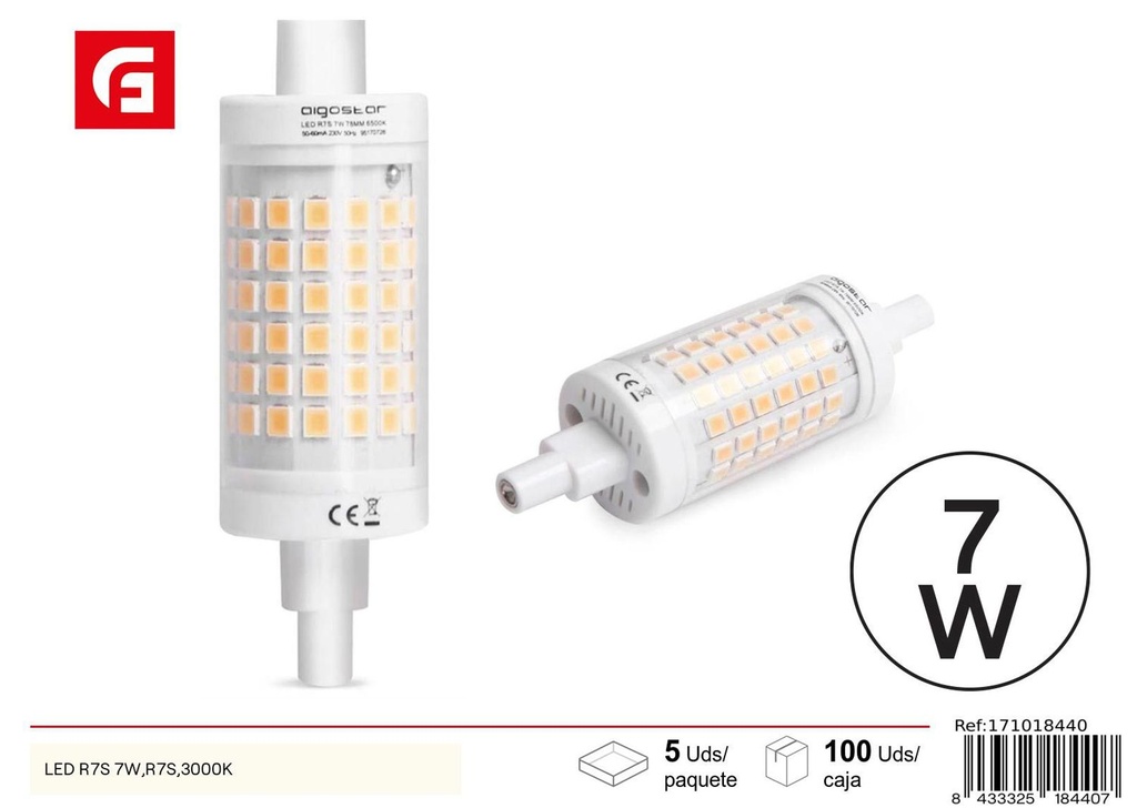 Bombilla LED R7S 7W, R7S, 3000K - Iluminación