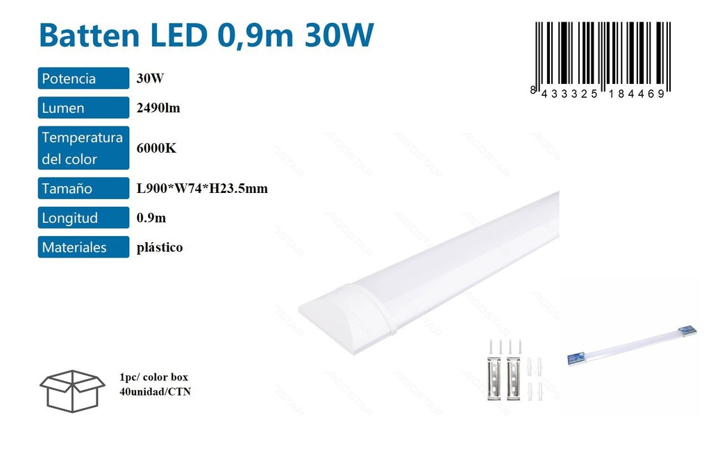 Batten LED 0.9m 30W 6000K para iluminación