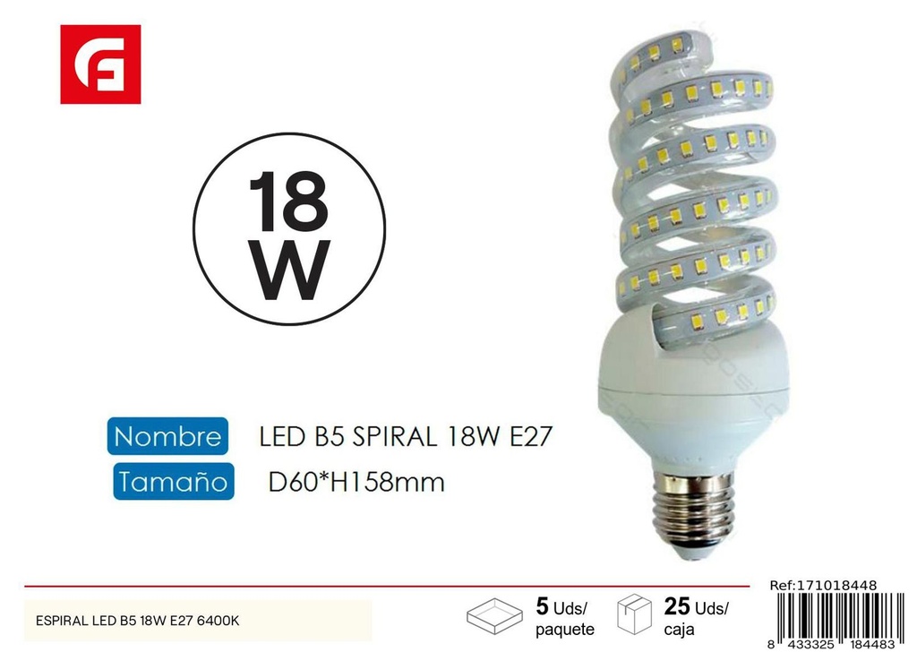 Bombilla LED espiral E27 18W 6500K para iluminación eficiente