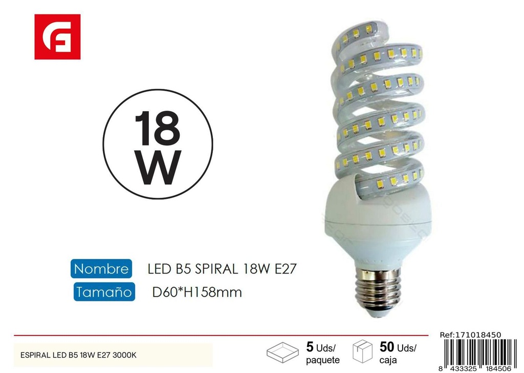 Bombilla LED espiral E27 18W 3000K para iluminación eficiente