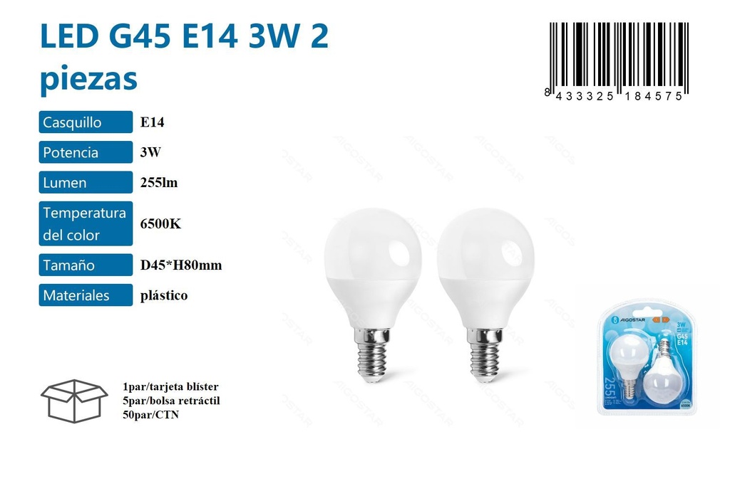 Bombilla LED G45 E14 3W 6500K 2 piezas para iluminación