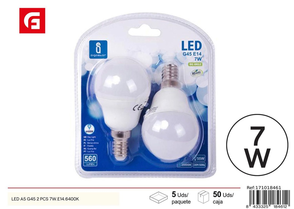 Bombilla LED G45 E14 7W 2 piezas 6500K - Iluminación