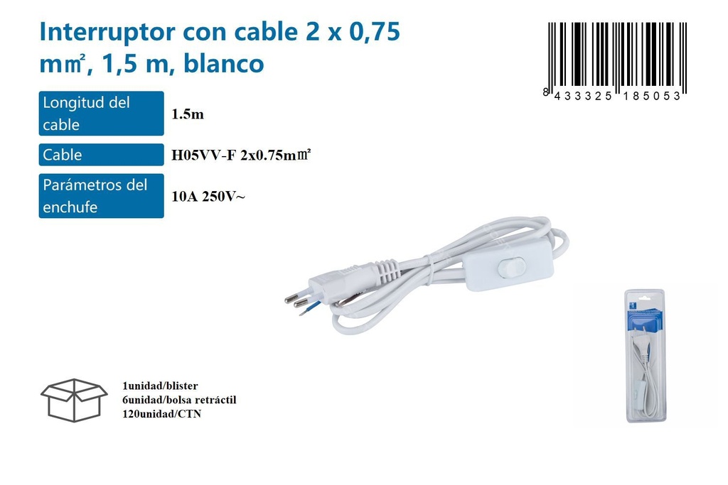 Interruptor con cable 2x0.75mm² 1.5m blanco para electricidad