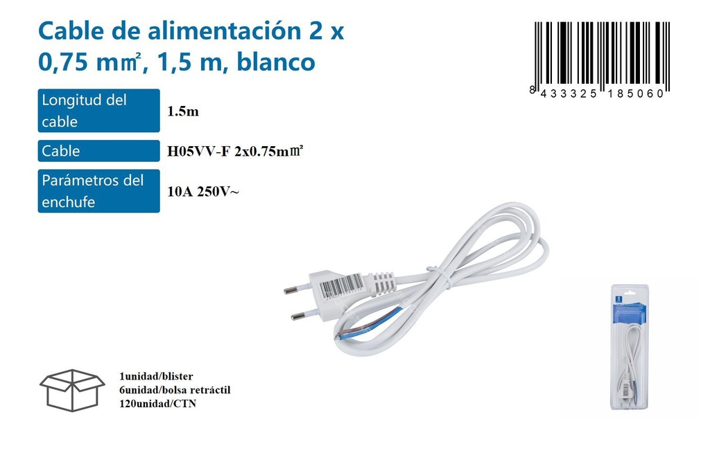 Cable de alimentación 2x0,75mm² 1,5m blanco para conexión eléctrica