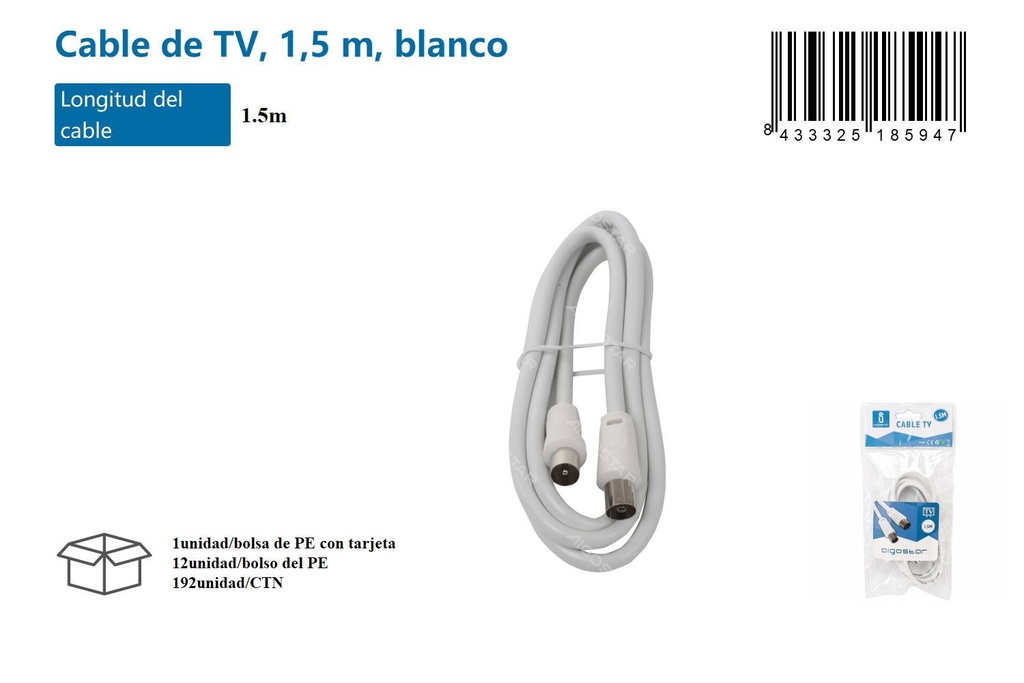 Antena TV 1.5m blanco para conexión de televisión