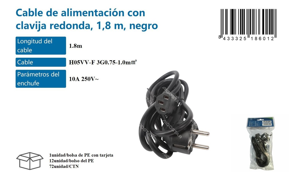 Cable de alimentación con clavija redonda 1.8m negro para suministros eléctricos