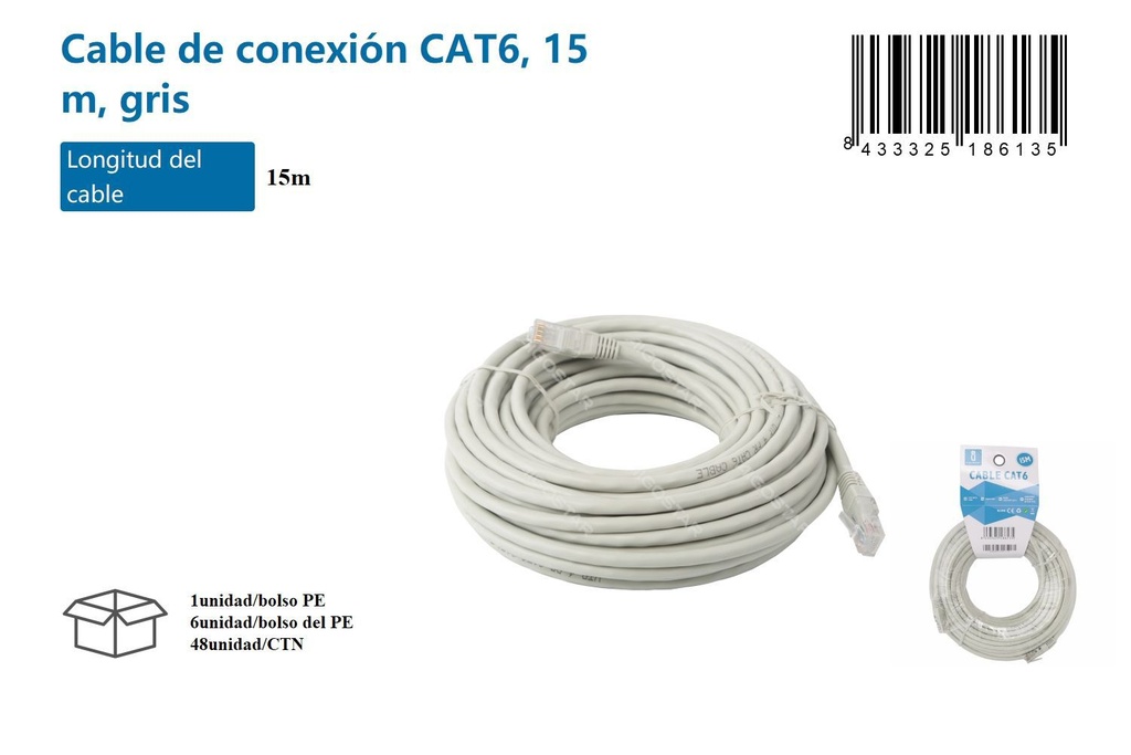 Cable de conexión Cat6 15 metros gris para redes y datos