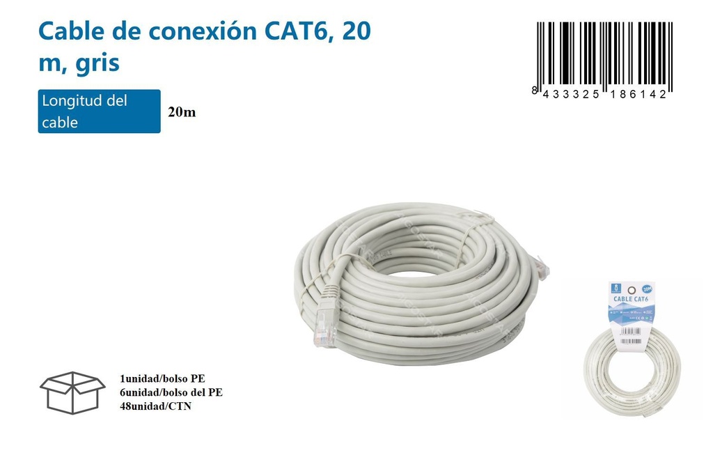 Cable de conexión Cat6 20m gris para redes