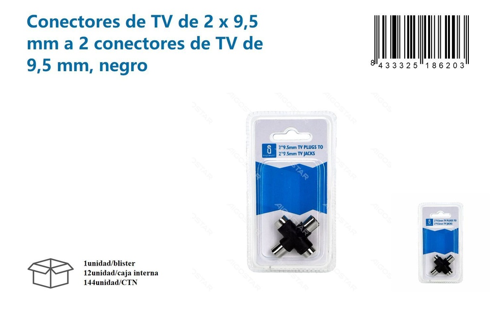 Conectores de TV de 2 x 9,5 mm a 2 conectores de TV de 9,5 mm, negro